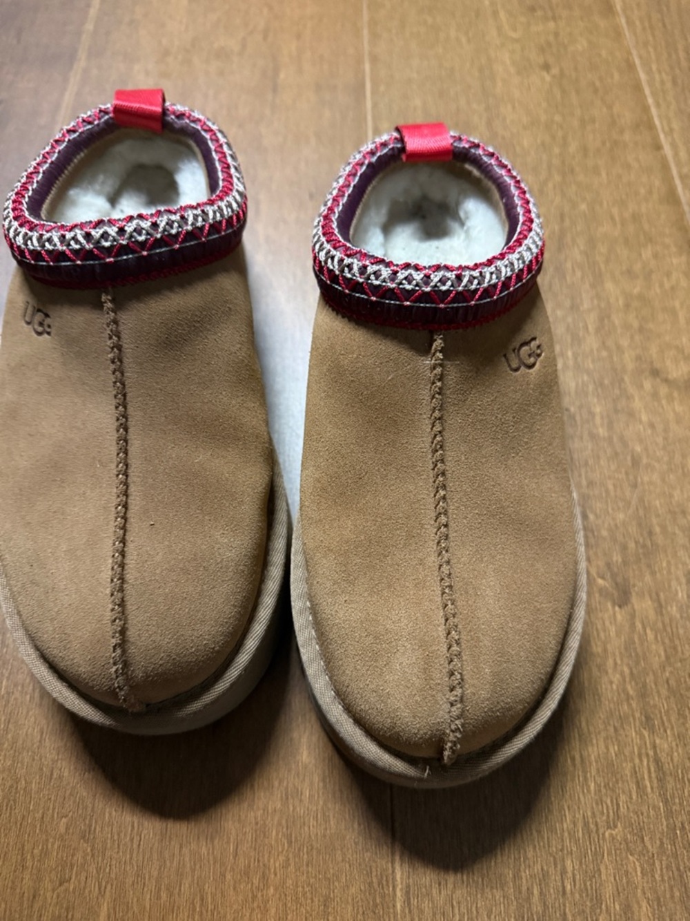 UGG Chestnut Suede Slip-On Clogs with Red Trim
